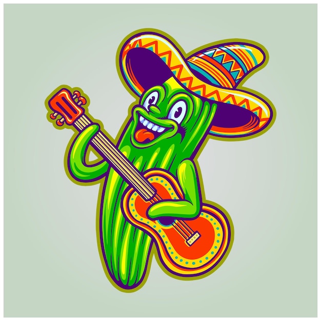 Vettore illustrazioni del fumetto del logo del cinco de mayo del cappello del sombrero della chitarra del cactus messicano