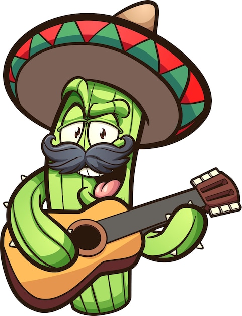 Vector mexican cactus playing guitar cartoon