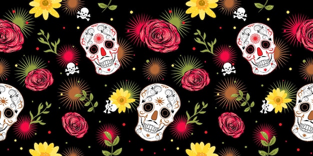 Mexican carnival Day of the dead concept with sugar skulls roses fireworks and daisy flower