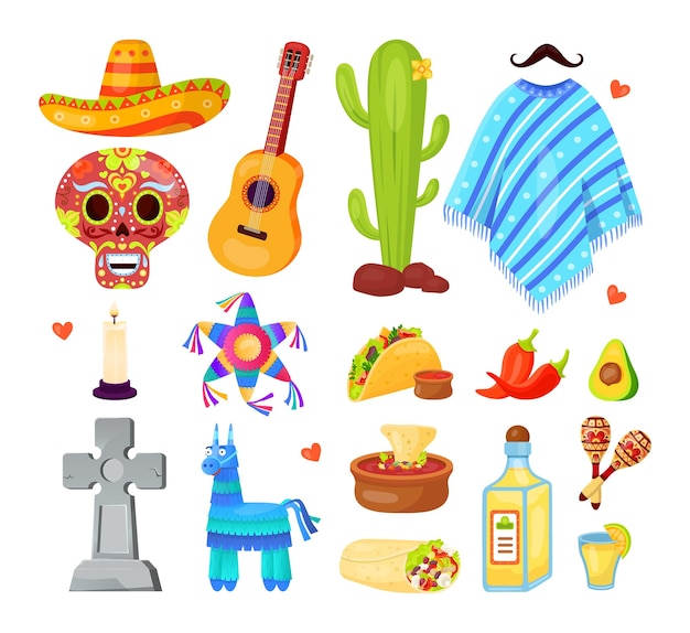 Mexican carnival elements Mexico holiday fiesta party cinco de mayo traditional festival pinata margarita latin spanish flag day of dead skull set cartoon neoteric vector icon