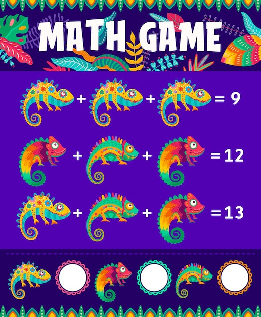 Mexican cartoon chameleons math game worksheet