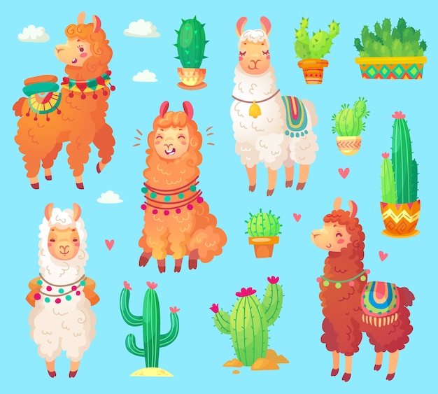 Vector mexican cartoon cute alpaca lama