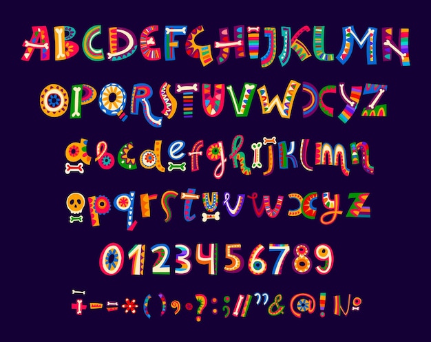 Mexican cartoon font of vector alphabet letters and numbers type Mexico and Latin America typeface calligraphy font with bright color floral ornaments Day of the Dead sugar skulls and bones pattern