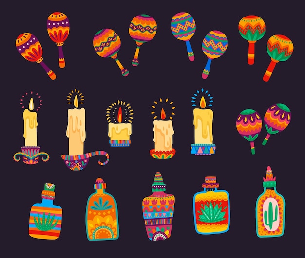 Vector mexican cartoon maracas, candles and tequila bottles with ethnic ornaments of bright flowers, cactuses and agave leaves