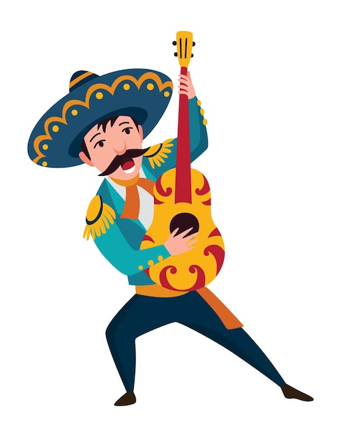 Mexican character Mariachi music band musician in traditional dark clothes and sombreros playing on typical musical instrument guitar