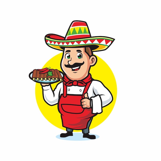 Vector mexican chef wearing sombrero serving ribs