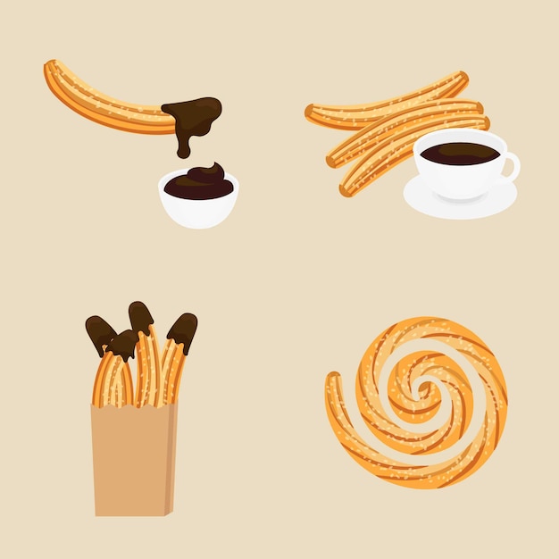Vettore illustrazione di churros messicani, dessert di cibo e caffè