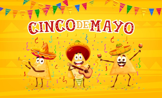 Vector mexican cinco de mayo banner nacho chips musicians