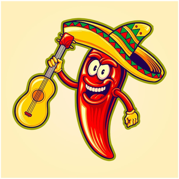 Mexican cinco de mayo chilli pepper guitar logo illustration