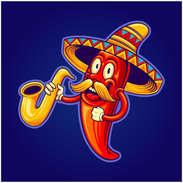 Baffi messicani del peperoncino di cinco de mayo che giocano l'illustrazione di logo della tromba