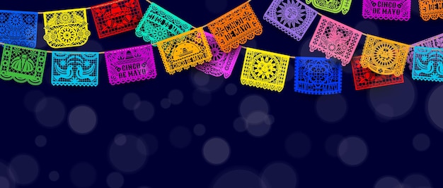 Vettore bandiere ghirlanda messicane cinco de mayo papel picado carta tagliata con luce bokeh lo sfondo vettoriale pieno di intricati ritagli di carta colorata crea l'atmosfera perfetta per una celebrazione vivace