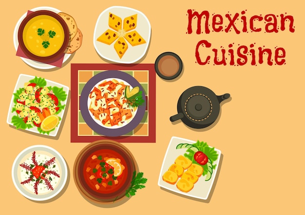 Mexican cuisine authentic dishes of chilli salsa bean soup