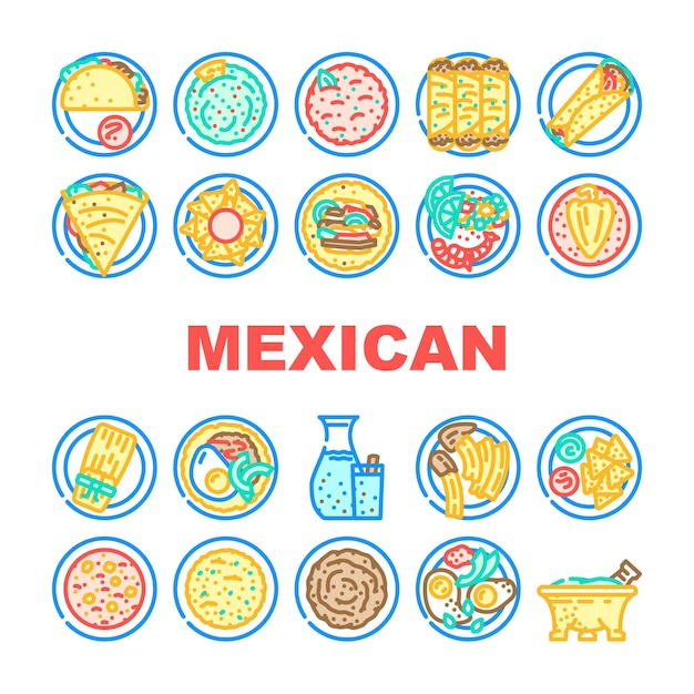 Vector mexican cuisine dinner food icons set vector