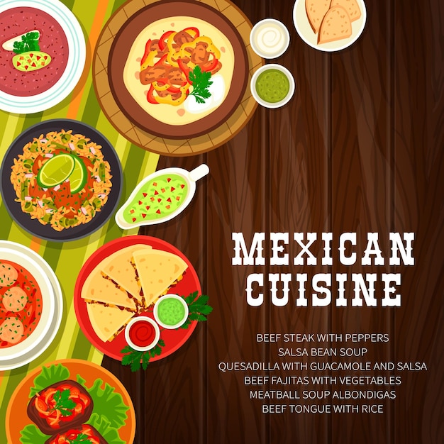 Mexican cuisine dishes and meals menu vector cover