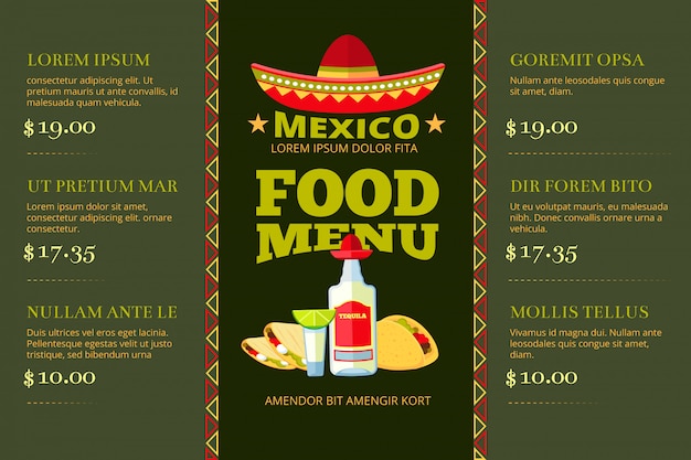 Vettore modello di vettore del menu del ristorante dell'alimento di cucina messicana