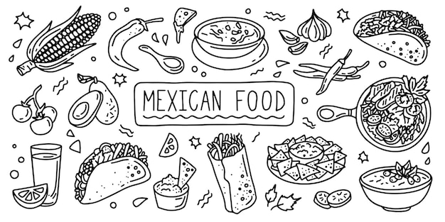 Vector mexican cuisine food simple line doodle outline style black and white illustration