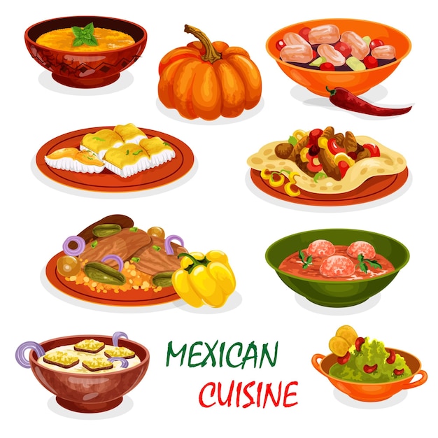Вектор Икона мексиканской кухни из обеденных блюд и закусок