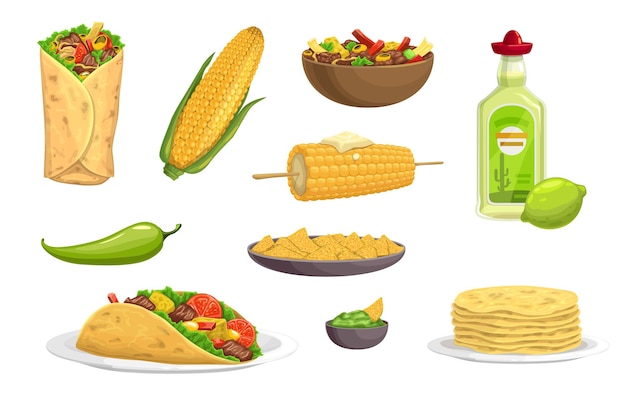 Mexican cuisine meals cartoon food and drink set Vector burrito taco avocado guacamole and salsa sauce tequila nachos and tortilla texmex beef bowl baked corn chili or jalapeno green pepper