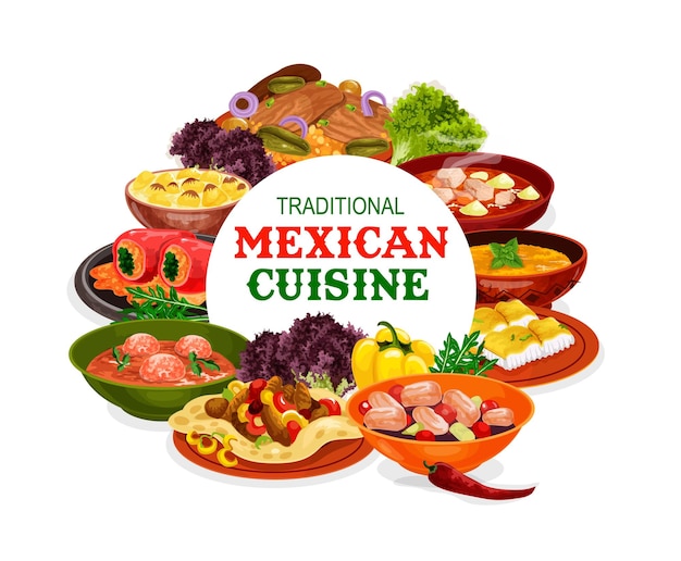 Vector mexican cuisine meat fish dishes with vegetables