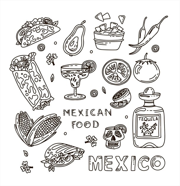 Vector mexican cuisine vector doodle food set national spicy food fast food snacks sketch illustration for ...