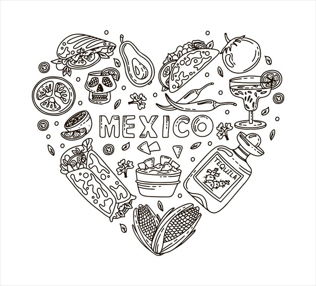 Vector mexican cuisine vector doodle food set national spicy food fast food snacks sketch illustration for