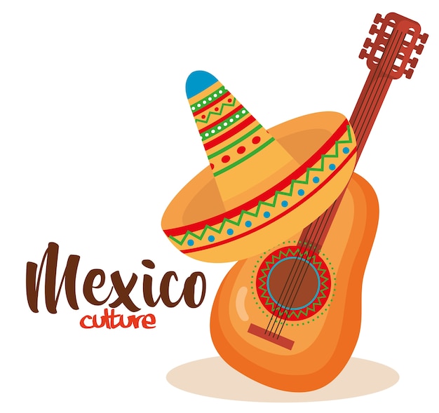 Mexican culture traditional hat and guitar