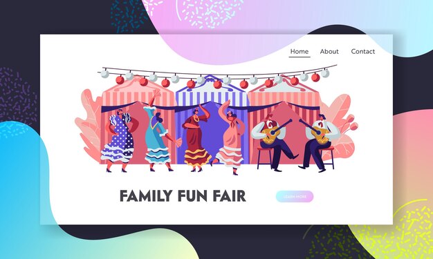 Mexican Dancers and Guitar Players at Cinco De Mayo Festival. Latin Music Folk Celebration. Website Landing Page template