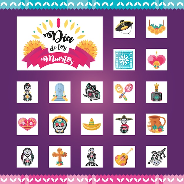 Mexican day of dead detailed style symbols set design, mexico culture