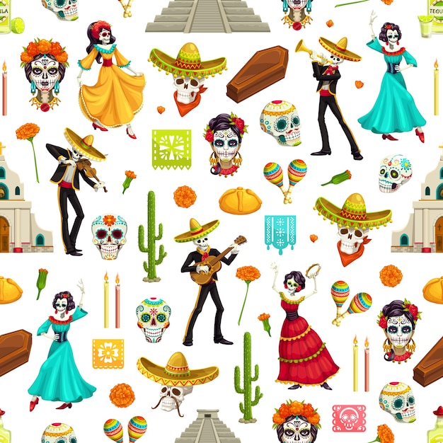 Mexican day of the dead seamless pattern of dia de los muertos sugar skulls, sombreros and guitars, catrina, marigold flowers and cactuses, candles, bread, churches and pyramids