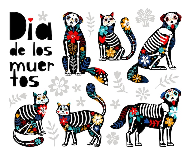 Mexican dead animals. Cats skulls, dogs sugar heads colorful holiday vector illustration for day of the dead, bones skeleton dia de los muertos pets party drawings