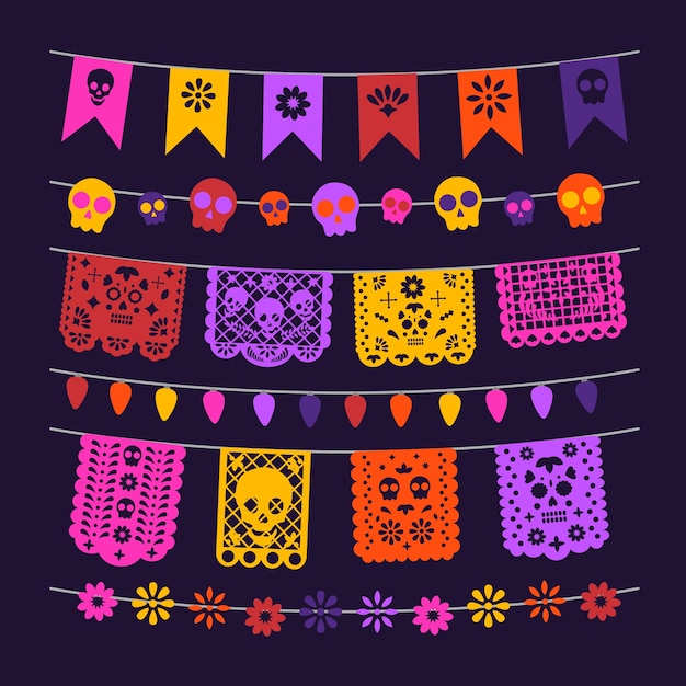 メキシコの装飾、メキシコの紙、ライトと頭蓋骨、旗の装飾