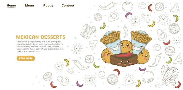 Mexican desserts donut churros and chili brownie landing page website template with doodle cartoon elements