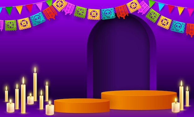 멕시코의 Dia de los Muertos 또는 죽은 날 포디움 (papel picado 발과 불, 터 제단 배경, 멕시코의 휴일 축제 문화 및 전통, 사진 사진을위한 죽은 하루 포디움)