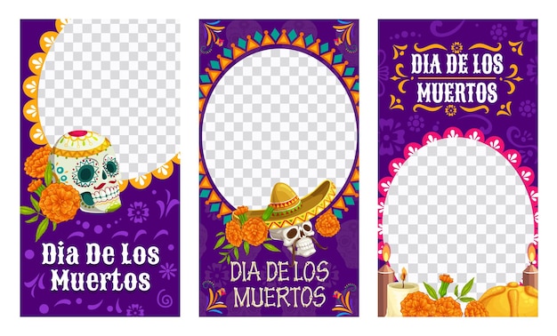 Banner modello social media per le vacanze messicane dia de los muertos cornice per il giorno dei morti banner per le vacanze con poster della cultura messicana o cornici vettoriali con teschi decorati in zucchero, candele sull'altare