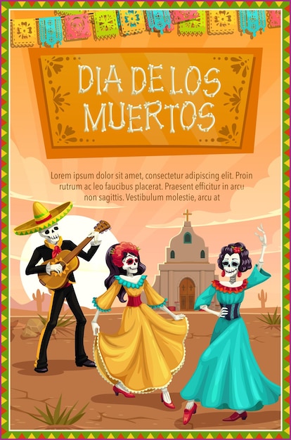 Vettore scheletri messicani di dia de los muertos che ballano