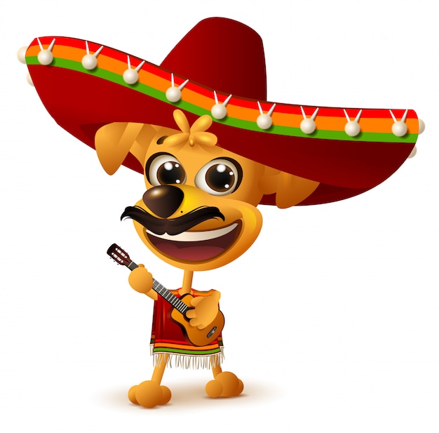 Vector mexican dog in sombrero plays guitar