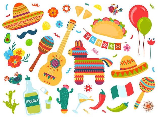 Elementi di doodle messicano decorazioni del festival cinco de mayo simboli delle vacanze messicane e cibo tequila pinata sombrero chitarra vettore set