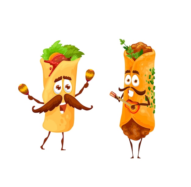 Vector mexican enchiladas and burritos cartoon characters