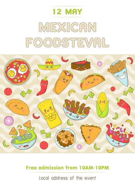 Mexican fast food fair and fisteval template with kawaii food in cartoon doodle style