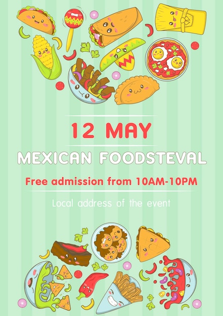 Mexican fast food fair and fisteval template with kawaii food in cartoon doodle style