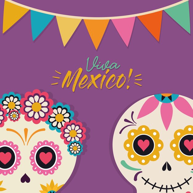 Mexican female and male skull heads with banner pennant design, Mexico culture theme