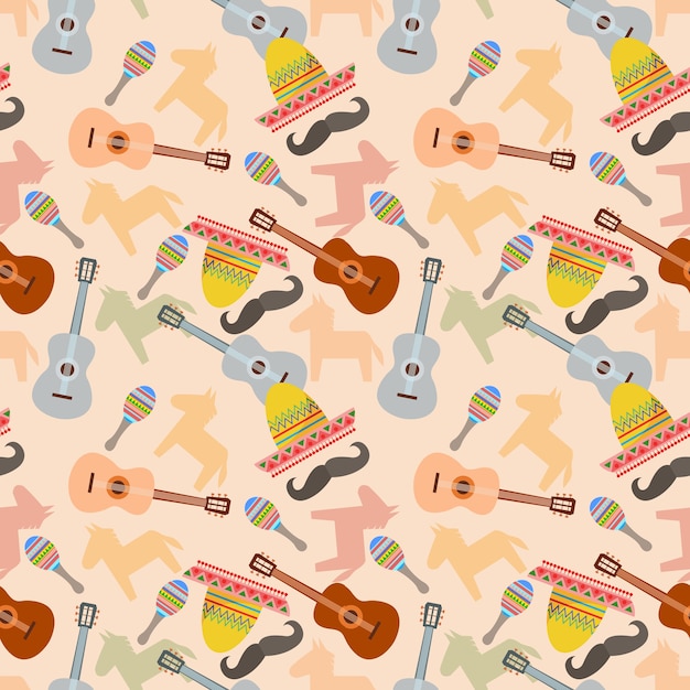 Vector mexican festival with musical instrument seamless pattern.