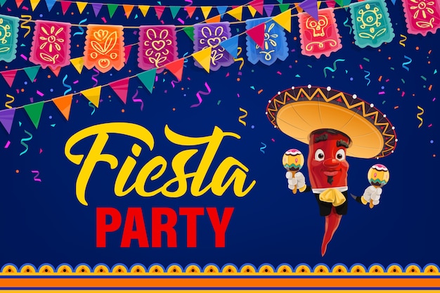 Mexican fiesta party  poster. cartoon pepper mariachi character mexico musician in sombrero and national costume playing maracas. cinco de mayo event invitation with flag garlands and fireworks