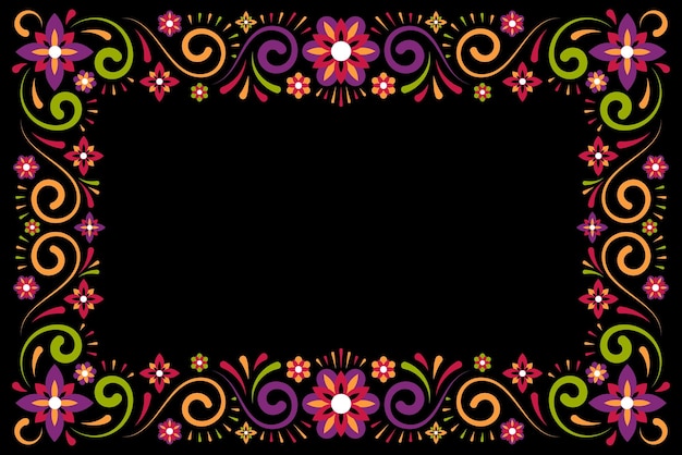 Vettore cornice decorativa ornamento floreale messicano su sfondo nero