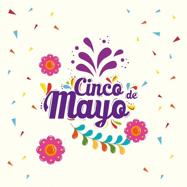 Vector mexican flowers and confetti of cinco de mayo