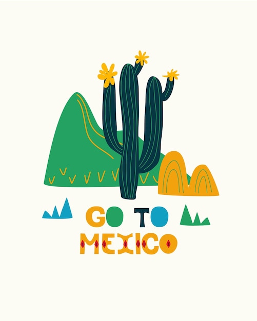 Mexican folk art national holiday folk style mexico cactus hand drawn go to mexico postcard