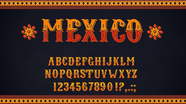 Mexican font of alphabet letters and numbers