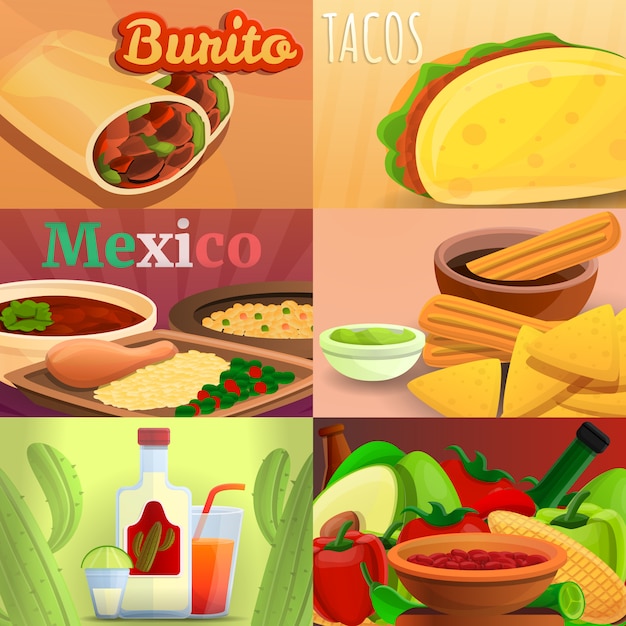 Vector mexican food banner set, cartoon style