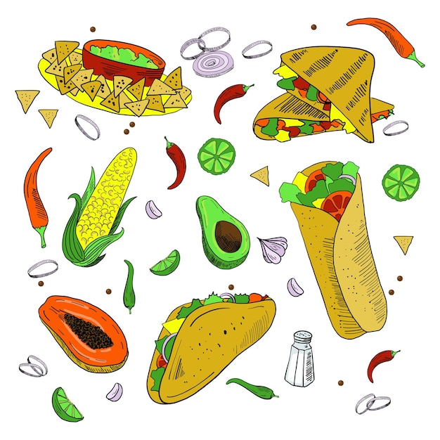 Mexican food collection of cartoon sketch illustrations vector set