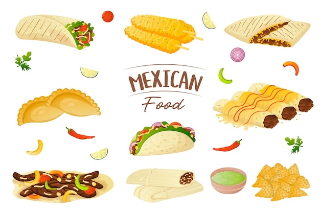 Mexican food collection nachos burritos tacos tamales fajita enchilada empanadas and elotes Minced meat in corn tortillas with vegetables